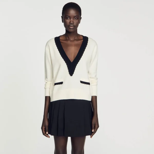 Best Sale Pull Col V Bicolore En Laine Femme Pulls & Cardigans