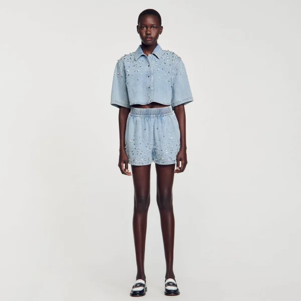 Outlet Short Large En Denim Orné De Strass Femme Ensembles | Jupes & Shorts