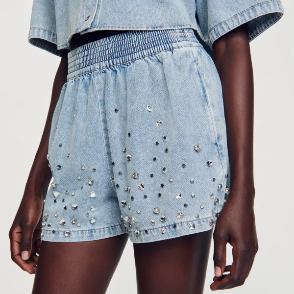 Outlet Short Large En Denim Orné De Strass Femme Ensembles | Jupes & Shorts