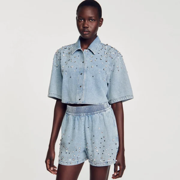 Outlet Short Large En Denim Orné De Strass Femme Ensembles | Jupes & Shorts