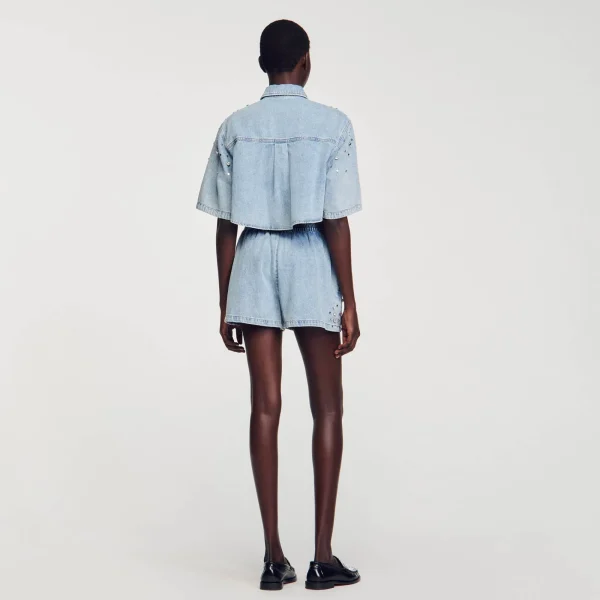 Outlet Short Large En Denim Orné De Strass Femme Ensembles | Jupes & Shorts