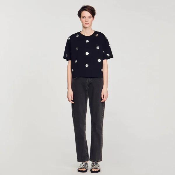 New T-shirt Orné De Sequins Fleurs Femme T-Shirts