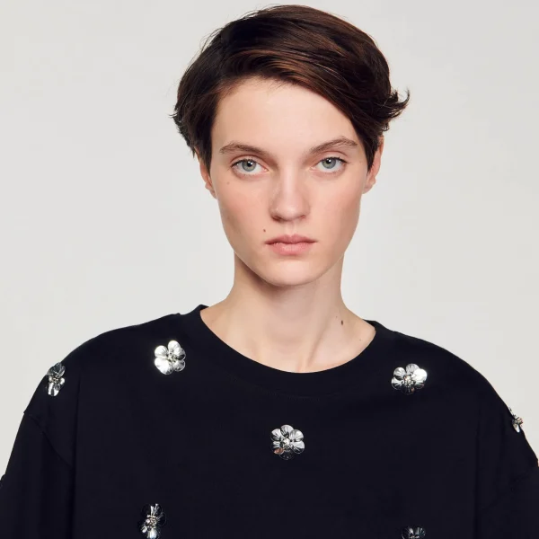 New T-shirt Orné De Sequins Fleurs Femme T-Shirts