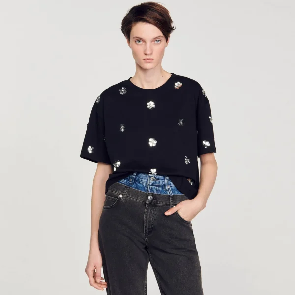 New T-shirt Orné De Sequins Fleurs Femme T-Shirts