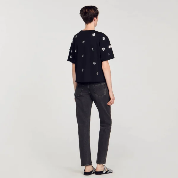 New T-shirt Orné De Sequins Fleurs Femme T-Shirts