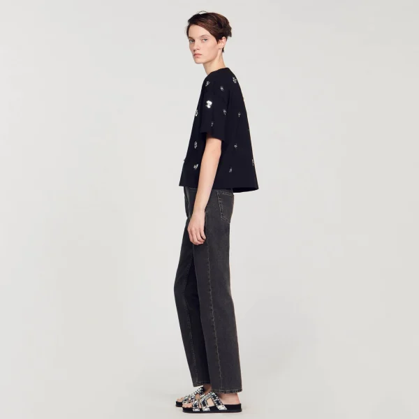 New T-shirt Orné De Sequins Fleurs Femme T-Shirts